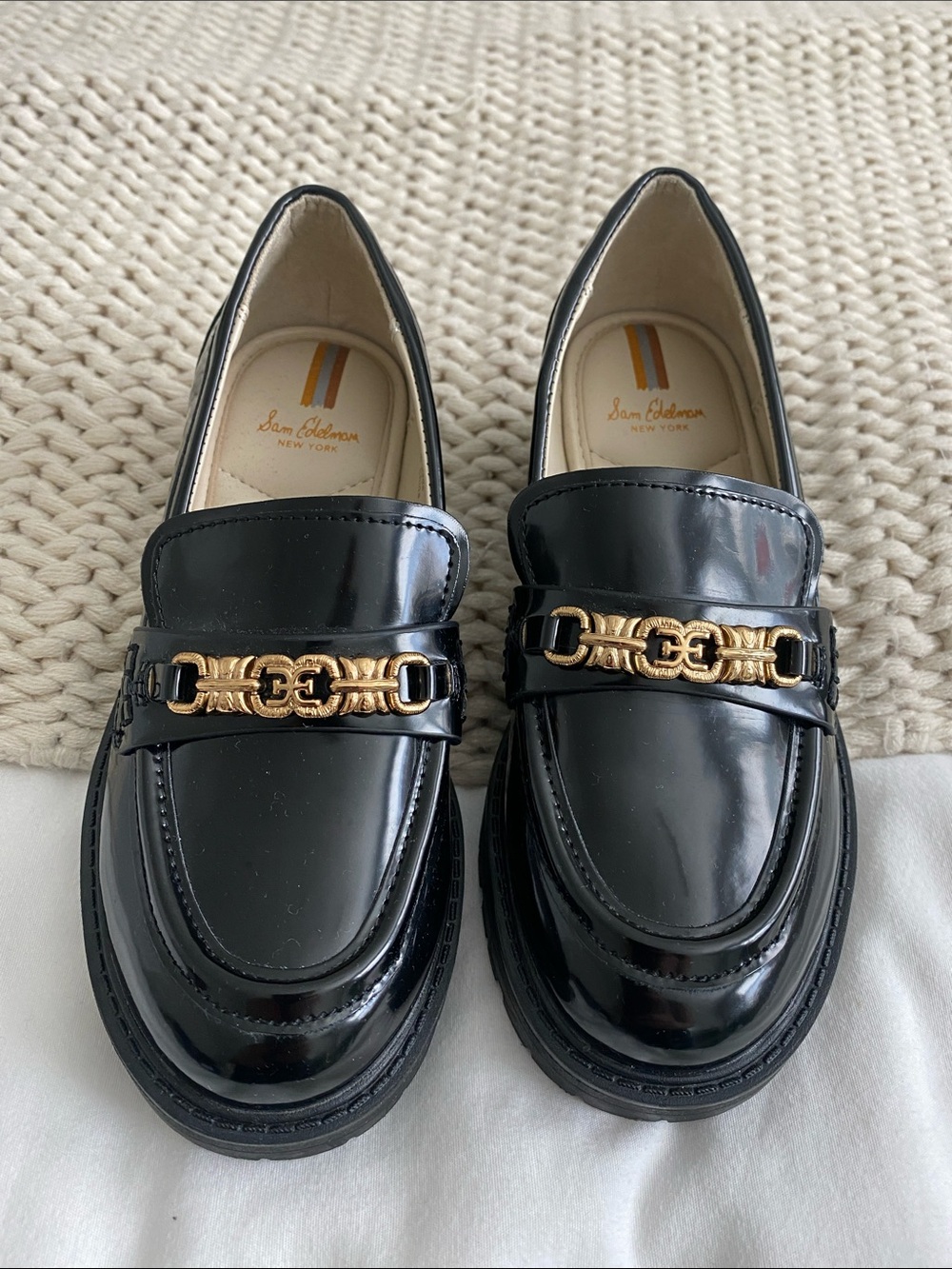 Sam Edelman Black Patent Loafers with Gold Chain Accent